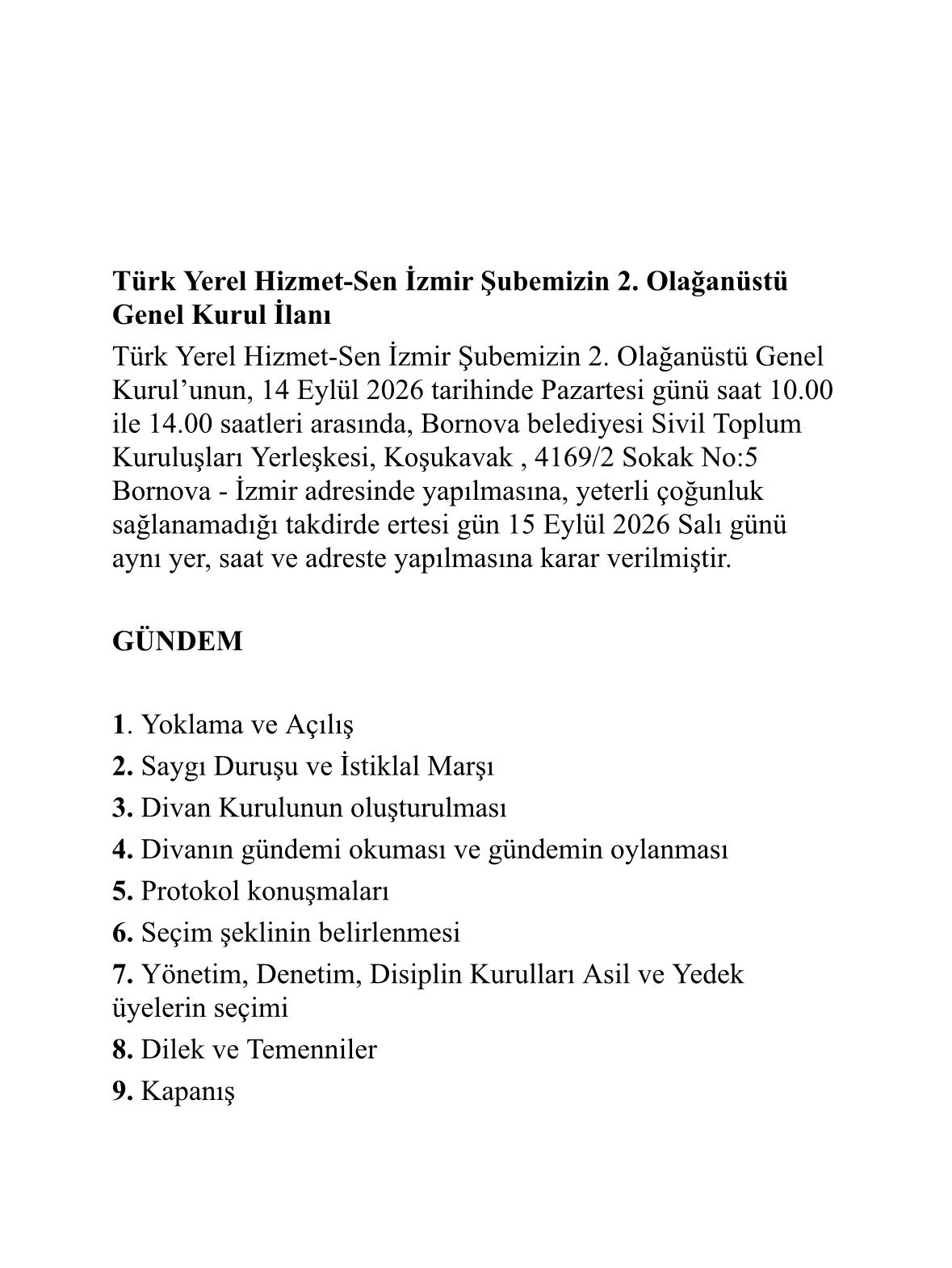 Türk Yerel Hizmet-Sen İzmir Şubemizin 2. Olağanüstü Genel Kurul İlanı